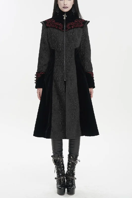 Black Jacquard Studded Mushroom Buckle Metal Cross Embroidered Women's Gothic Coat Pockets Sleeves Lining Black Jacquard Studded Mushroom Buckle Metal Cross Embroidered Women's Gothic Coat Pockets Sleeves Lining