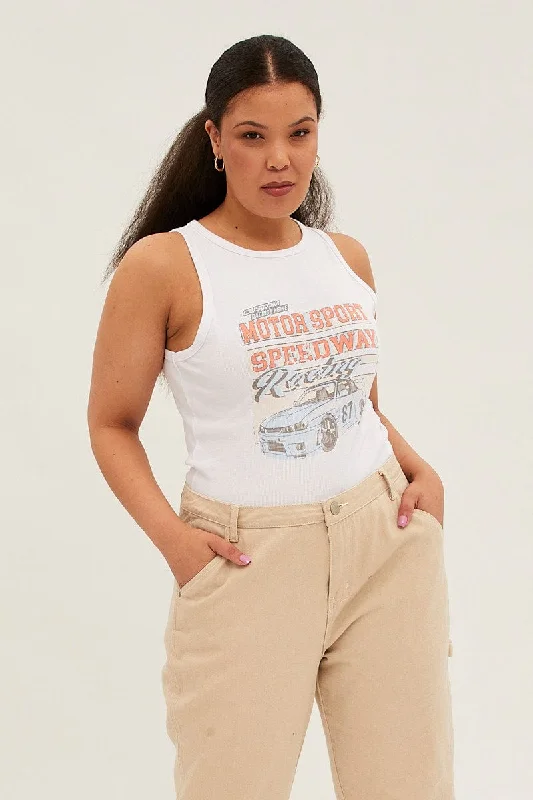 White Graphic Tank Top Crew Neck playful tank top