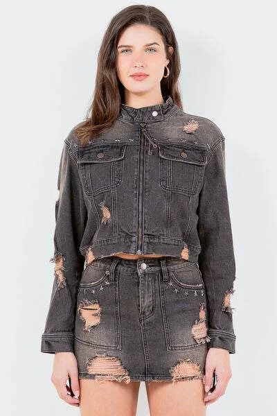 American Bazi Distressed Star Stud Trim Denim Rider Jacket Plus Size Hooded Jacket Caped Jacket Shawl Collar Jacket American Bazi Distressed Star Stud Trim Denim Rider Jacket Plus Size Hooded Jacket Caped Jacket Shawl Collar Jacket