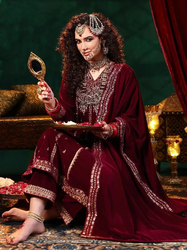 Maroon Embroidered Velvet A-line Kurta  With Trousers & Dupatta Trousers Leather Faux