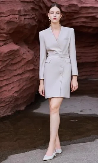 Sleek Slate Belted Blazer Dress Women's Pencil Blazer