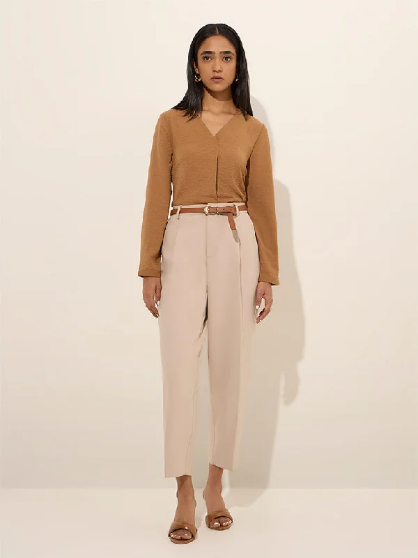 Wardrobe Beige High-Rise Trousers with Belt Trousers Capri Summer