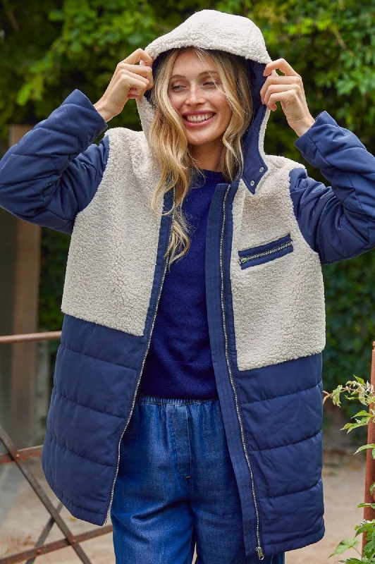 Petra Coat | Navy/Taupe Zip Front Button Front Snap Front