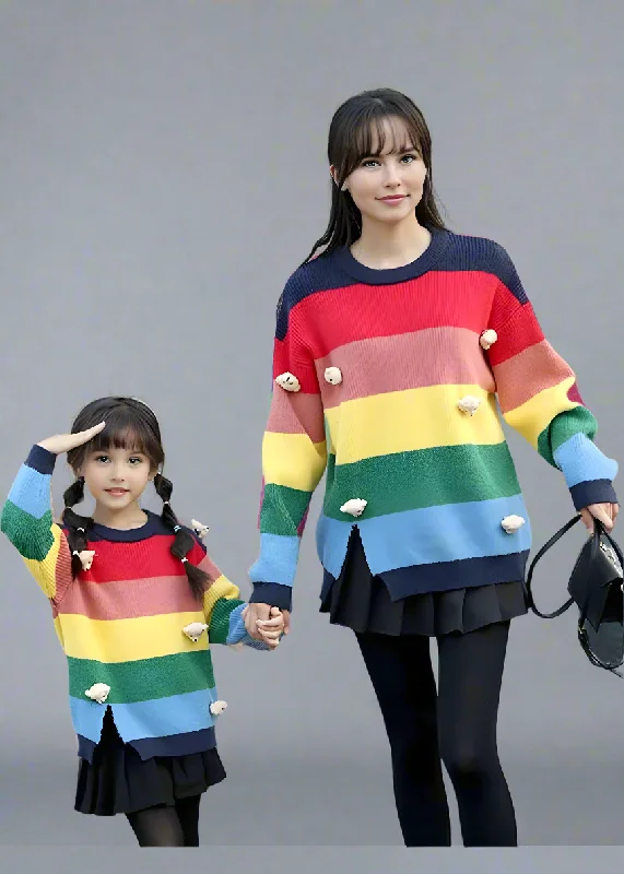 Mother-Daughter Matching Rainbow Striped Sweater with 3D Teddy Bear Details Fitted Slim Tailored