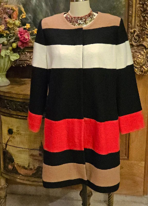 NEW W/O TAGS CHICO'S WOOL GOLD ZIP UP STRIPED COAT CAMEL BLACK WHITE RED - SIZE 2 Striped Polka Dot Floral NEW W/O TAGS CHICO'S WOOL GOLD ZIP UP STRIPED COAT CAMEL BLACK WHITE RED - SIZE 2 Striped Polka Dot Floral