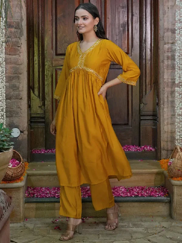 Mustard Solid Silk Blend A-Line Kurta With Trousers Trousers Prom Sequined