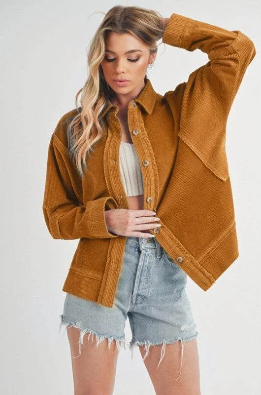 Aemi + Co Side Slit Exposed Seam Button Up Corduroy Jacket in Terracotta Fleece Jacket Down Jacket Feather Jacket Aemi + Co Side Slit Exposed Seam Button Up Corduroy Jacket in Terracotta Fleece Jacket Down Jacket Feather Jacket