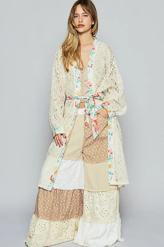 Pol Floral Trim Lace Open Front Longline Cardigan Silk Blend Satin Velvet