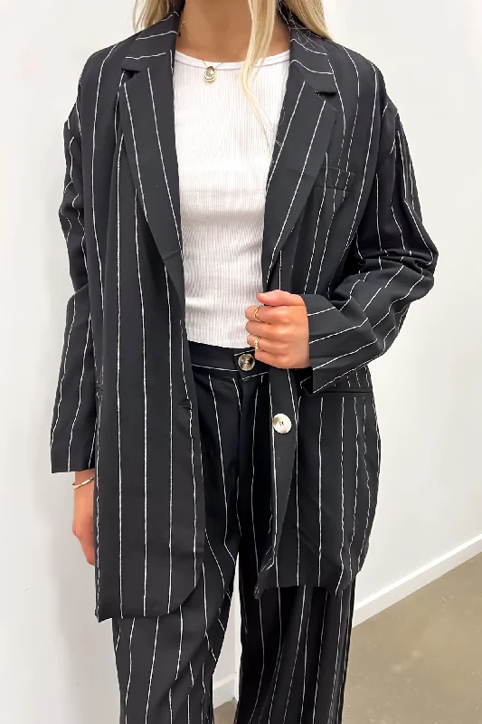 Thea Blazer Black Pinstripe Women's Solid Blazer