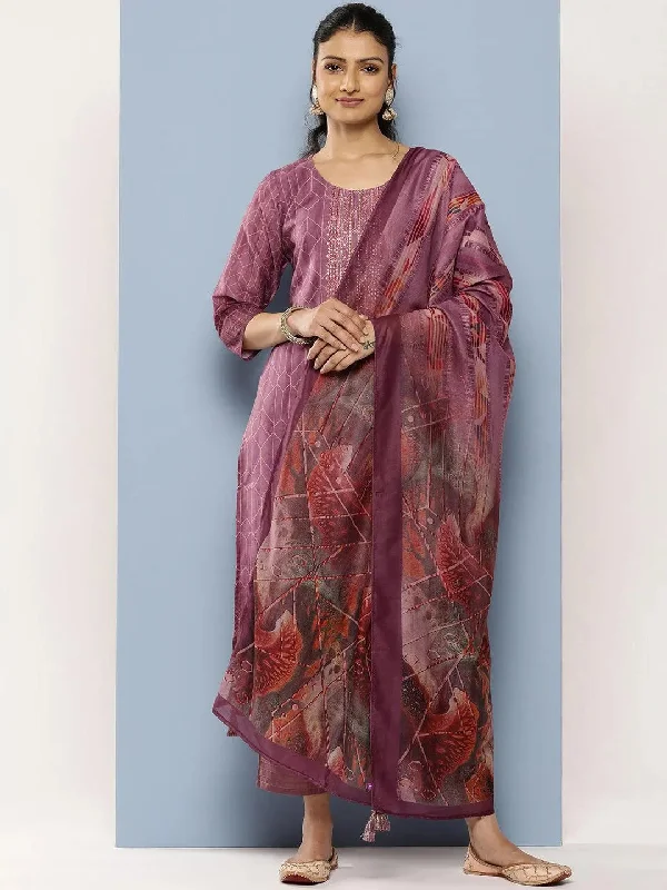 Purple Embroidered Silk Blend Straight Kurta With Trousers & Dupatta Trousers Top Rated