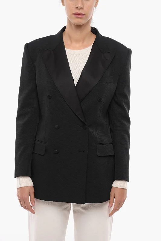 Dolce & Gabbana Tech-gabardine Double-breasted Blazer with Satin Peak Lapel Women's Long Blazer