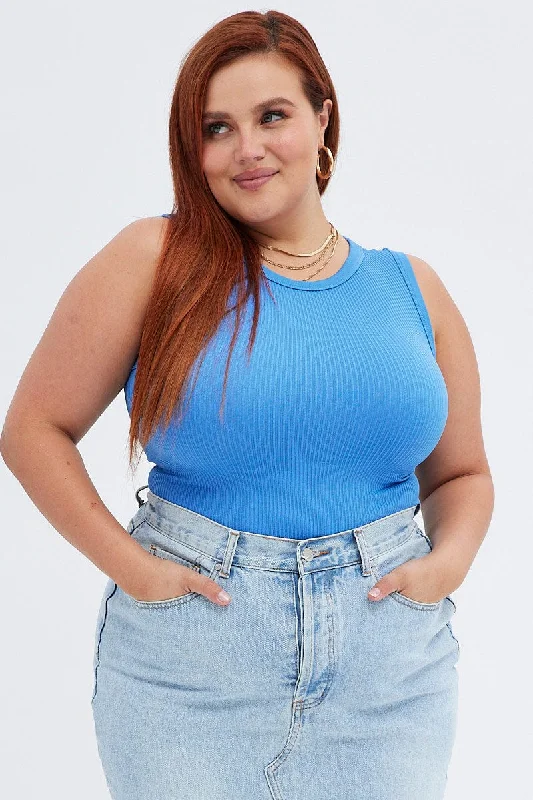 Blue Tank Top Sleeveless Crew Neck Seamless crew neck tank