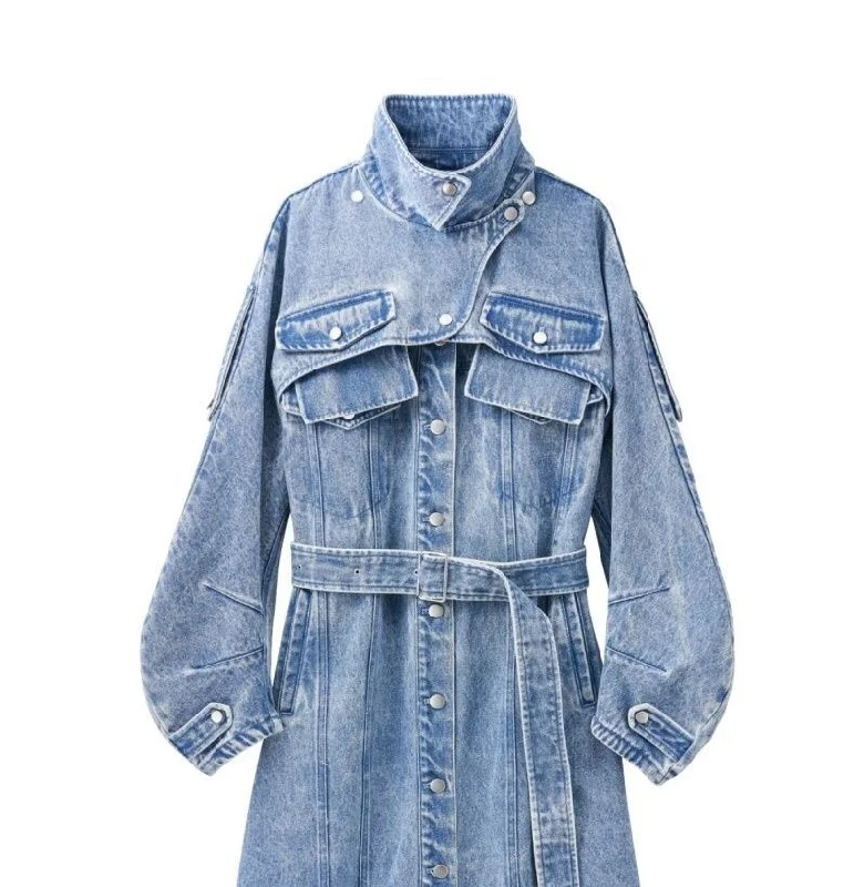 3way Denim Trench Coat/Blue Raincoat Turtleneck Coat Wrap Coat