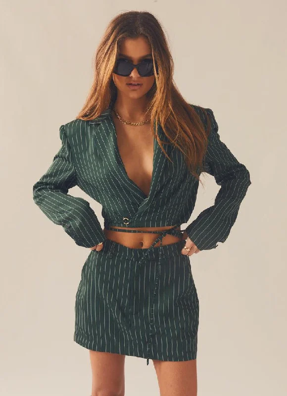 Pursuit of Happiness Cropped Blazer - Green Pinstripe Women's Stripe Blazer
