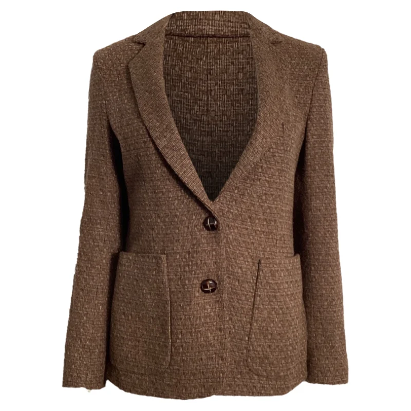 Oscar De La Renta Single-Breasted Tweed Blazer in Brown Polyester Women's Vintage Jacket