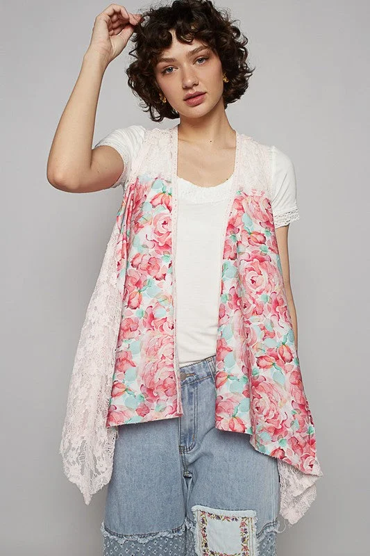 Pol Lace Patchwork Floral Open Front Sleeveless Cardigan Real Fur Shearling Chenille