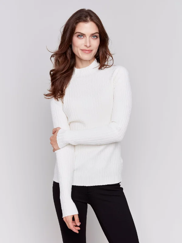 RIBBED KNIT MOCK NECK SWEATER - ECRU Polka Dot Checkered Tartan