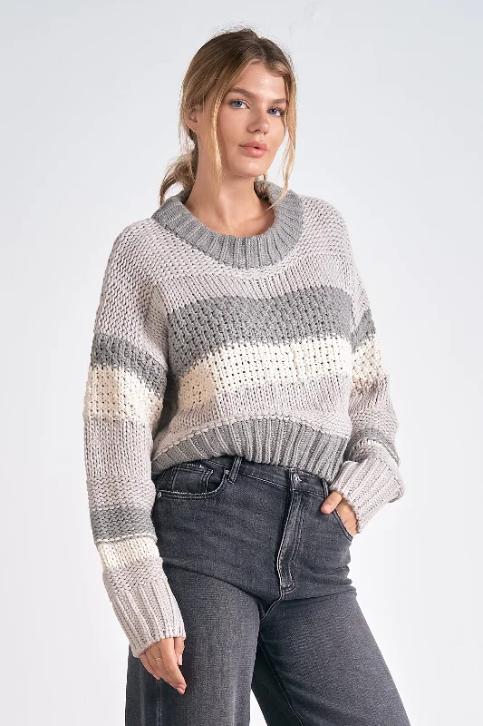 LONG SLEEVE CREW NECK CROPPED SWEATER - GREY STRIPE Herringbone Houndstooth Plaid