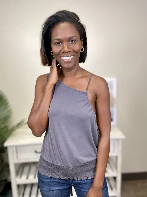 Sending Out A S.O.S Women's Asymmetrical Smocked Hem Tank Top flirty tank top
