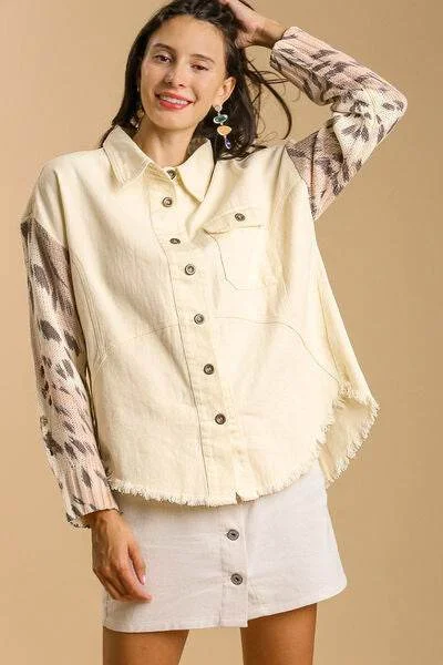 Umgee Distressed Detail Raw Hem Button Up Jacket Plus Size Zippered Jacket Buttoned Jacket Snapped Jacket Umgee Distressed Detail Raw Hem Button Up Jacket Plus Size Zippered Jacket Buttoned Jacket Snapped Jacket