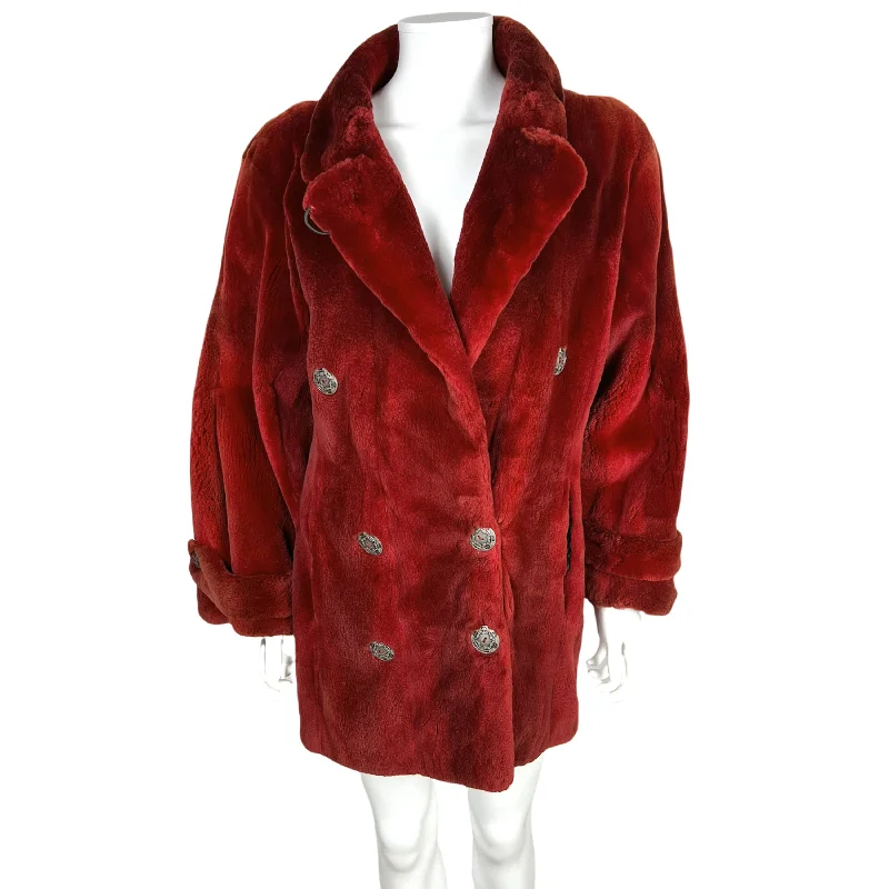 Vintage 1980s Red Dyed Sheared Rabbit Fur Coat Size M Bomber Denim Leather