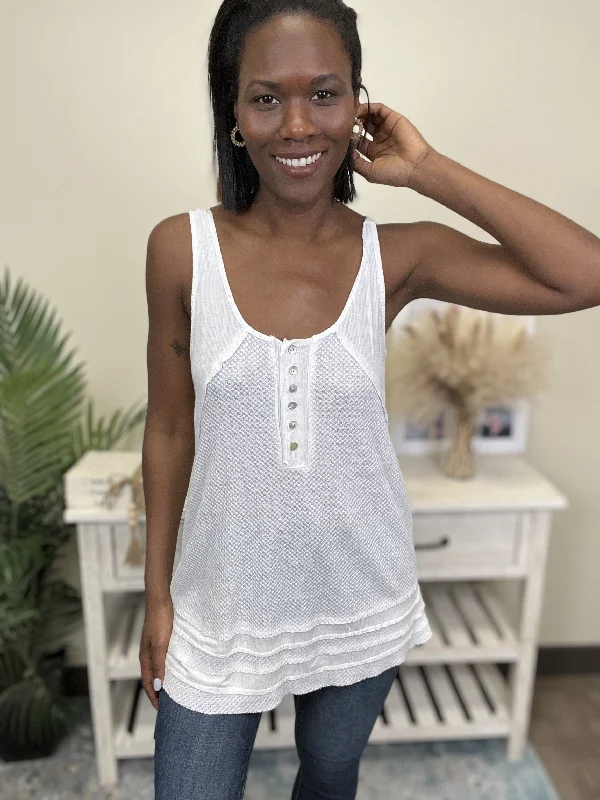 So Beautiful Women's Button Front Waffle Feminine Tank Top off shoulder tank