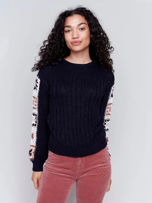 CROCHET SLEEVE SWEATER - NAVY Oversized Loose Flowy