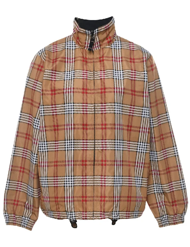 Checked Light Brown & Red 1990s Zip-Front Nylon Jacket - L Print Jacket Jacquard Jacket Embroidered Jacket Checked Light Brown & Red 1990s Zip-Front Nylon Jacket - L Print Jacket Jacquard Jacket Embroidered Jacket