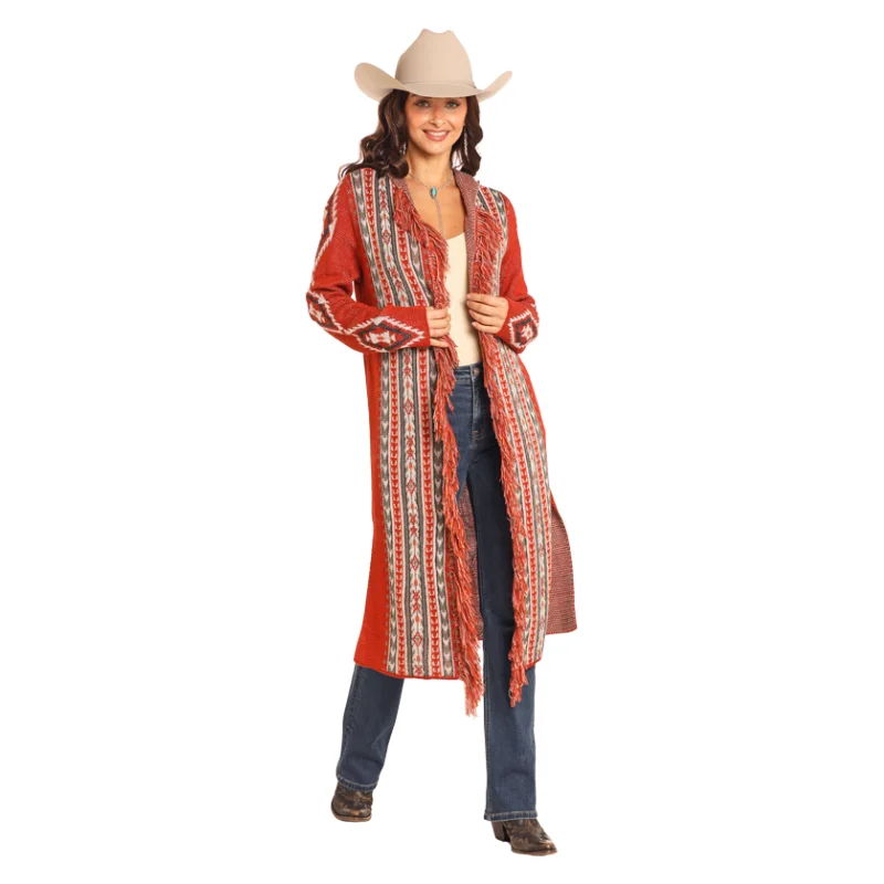Rock & Roll Denim Ladies Aztec Rust Sweater Cardigan BW95T04461 Open Front Closed Front Wrap Front Rock & Roll Denim Ladies Aztec Rust Sweater Cardigan BW95T04461 Open Front Closed Front Wrap Front