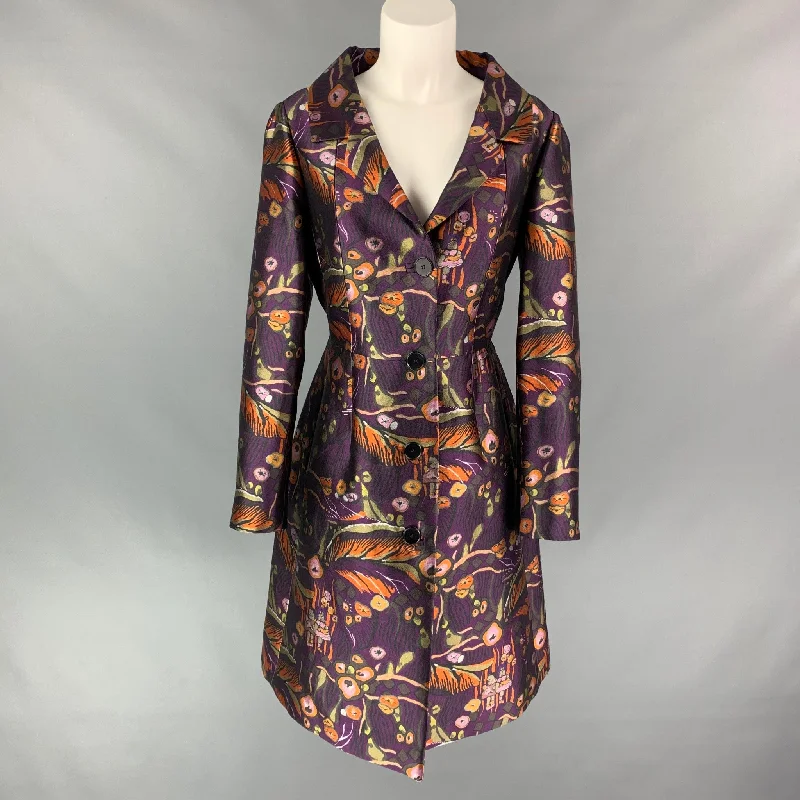 ROCHAS Size 4 Multi-Color Floral Wool / Silk Floral A-line Coat Jersey Tulle Batik