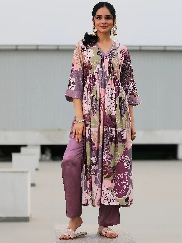 Mauve Printed Rayon A-Line Kurta With Trousers Trousers chic fashionable