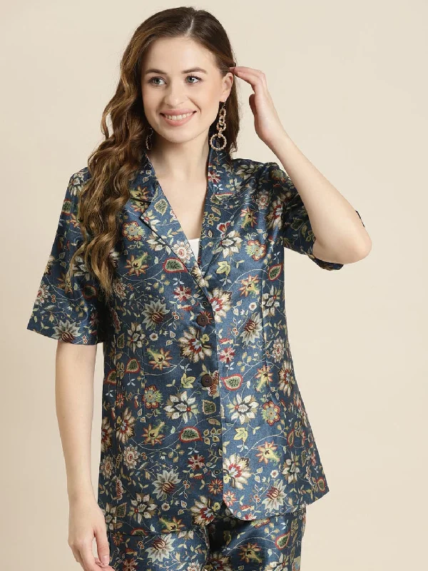 Navy Floral Short Sleeves Blazer Silk Women's Blazer