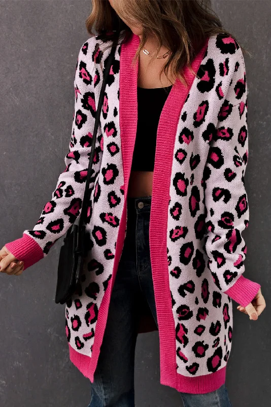 Leopard Contrast Trim Cardigan Hooded Cardigan Collared Cardigan Shawl Collar