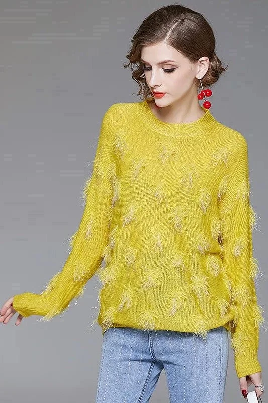 Yellow Sweater W/ Feather Detail Solid Color Striped Floral Print