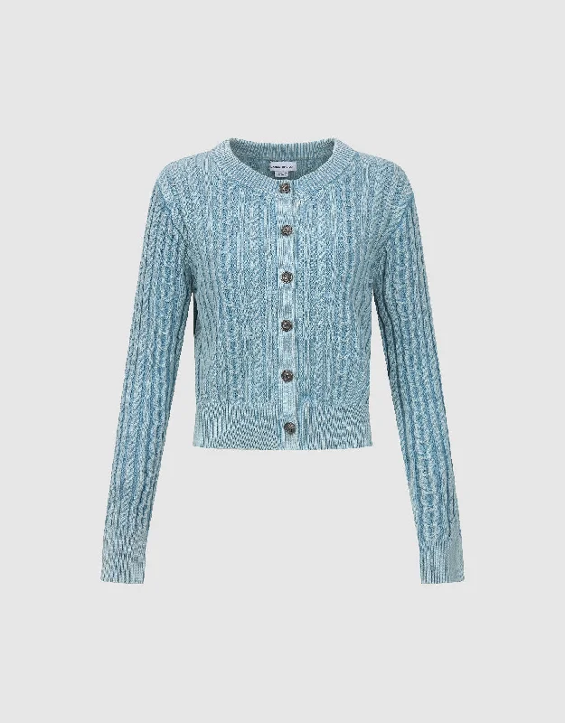 Crew Neck Knitted Cardigan Herringbone Houndstooth Plaid