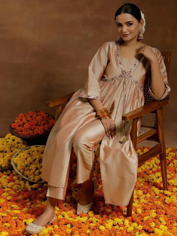 Beige Solid Silk Blend A-Line Kurta With Trousers Trousers Timeless Classic
