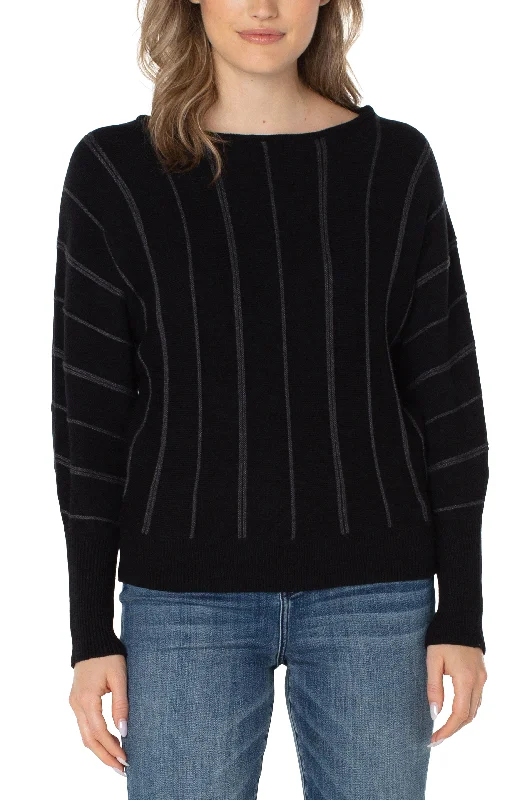 LONG SLEEVE STRIPED DOLMAN SWEATER - BLACK Chenille Blend Fleece Blend Nylon Blend