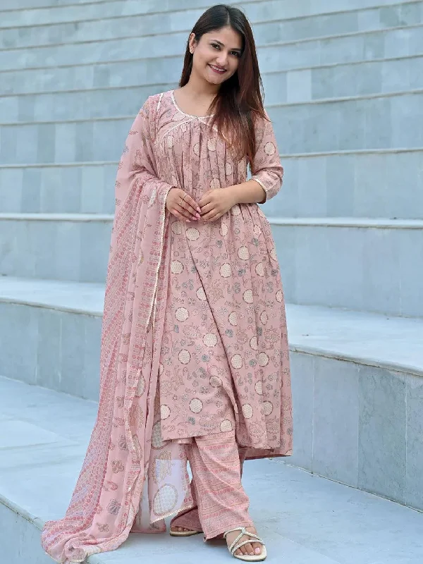Pink Printed Silk Blend A-Line Kurta With Trousers & Dupatta Trousers Solid Black