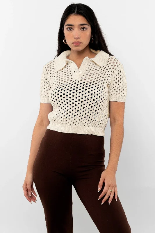 RFK54 - Mesh Knit Cropped Polo Sweater Spandex Rayon Corduroy