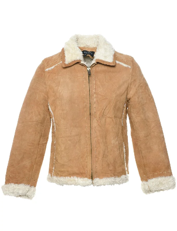 Light Brown Faux Shearling Suede Jacket - M Zippered Front Buttoned Front Snap Front Light Brown Faux Shearling Suede Jacket - M Zippered Front Buttoned Front Snap Front