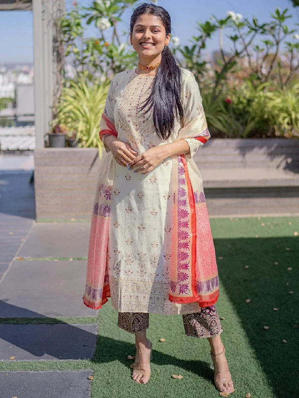 Cream Printed Chanderi Silk Straight Kurta With Trousers & Dupatta Trousers Canvas Durable Cream Printed Chanderi Silk Straight Kurta With Trousers & Dupatta Trousers Canvas Durable