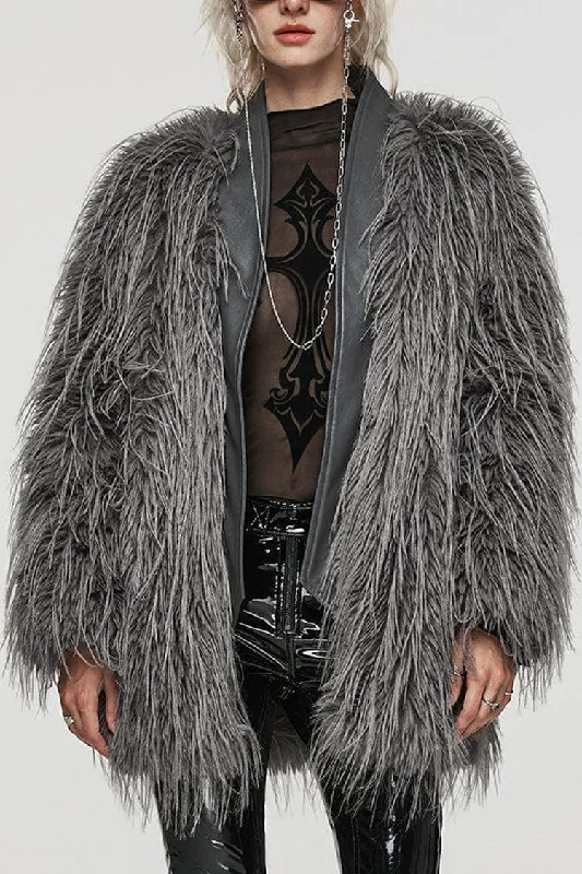 Grey Faux Fur Wool Side Long Sleeves Stitching Womens Gothic Elegant Coat Denim Leather Suede Grey Faux Fur Wool Side Long Sleeves Stitching Womens Gothic Elegant Coat Denim Leather Suede