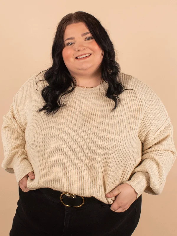 Laurel Oversized Knit Sweater in Cream Ribbed Striped Patterned