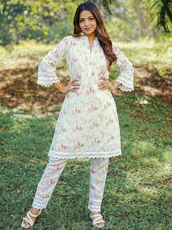 Cream Printed Cotton A-Line Kurta With Trousers Trousers Travel Practical