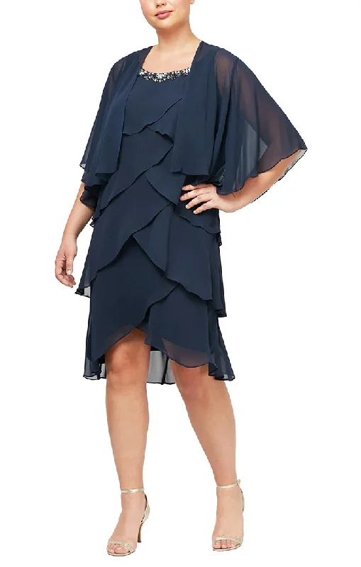 SL Fashions 612296 Plus Size Tiered Short Jacket Dress Notch Collar Peter Pan Collar Cowl Neck SL Fashions 612296 Plus Size Tiered Short Jacket Dress Notch Collar Peter Pan Collar Cowl Neck
