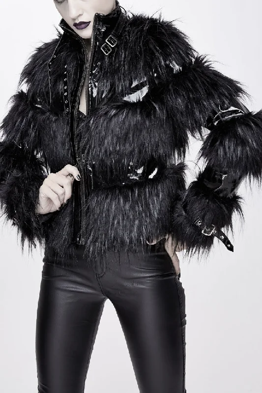 Black Metal Buckle Loop Stand Up Collar Splice Patent Leather Woolen Women's Punk Coat Down Puffer Quilted Black Metal Buckle Loop Stand Up Collar Splice Patent Leather Woolen Women's Punk Coat Down Puffer Quilted