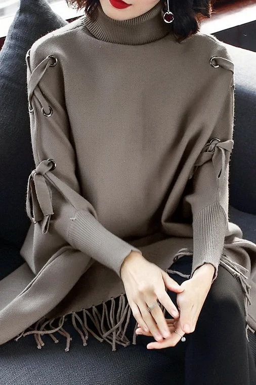 Dolman Sleeve Lace-Up Sweater Herringbone Houndstooth Plaid