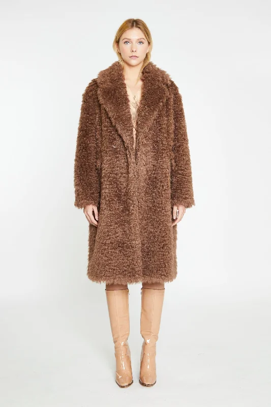 Walnut Faux-Fur Midi-Coat Nylon Polyester Spandex