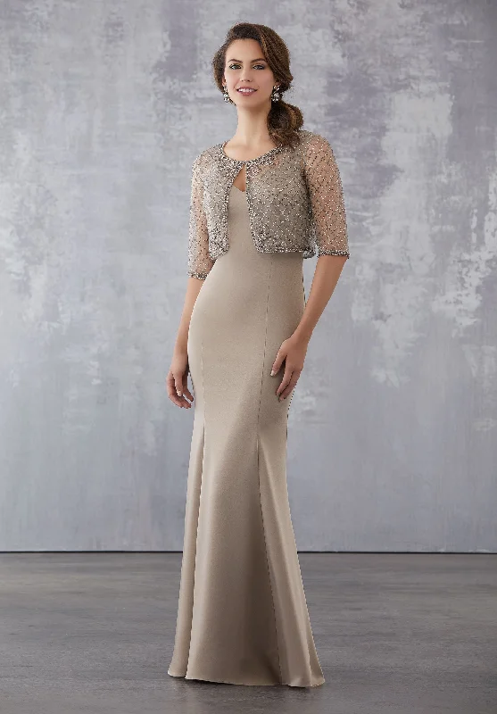 MGNY By Mori Lee - Long Trumpet Gown with Beaded Sheer Jacket 71732 Satin Fabric Silk Fabric Chiffon Fabric MGNY By Mori Lee - Long Trumpet Gown with Beaded Sheer Jacket 71732 Satin Fabric Silk Fabric Chiffon Fabric