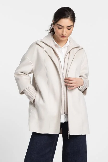 Kinross Cashmere Knit Insert Zip Mock Coat Peter Pan Collar Cowl Neck Turtleneck